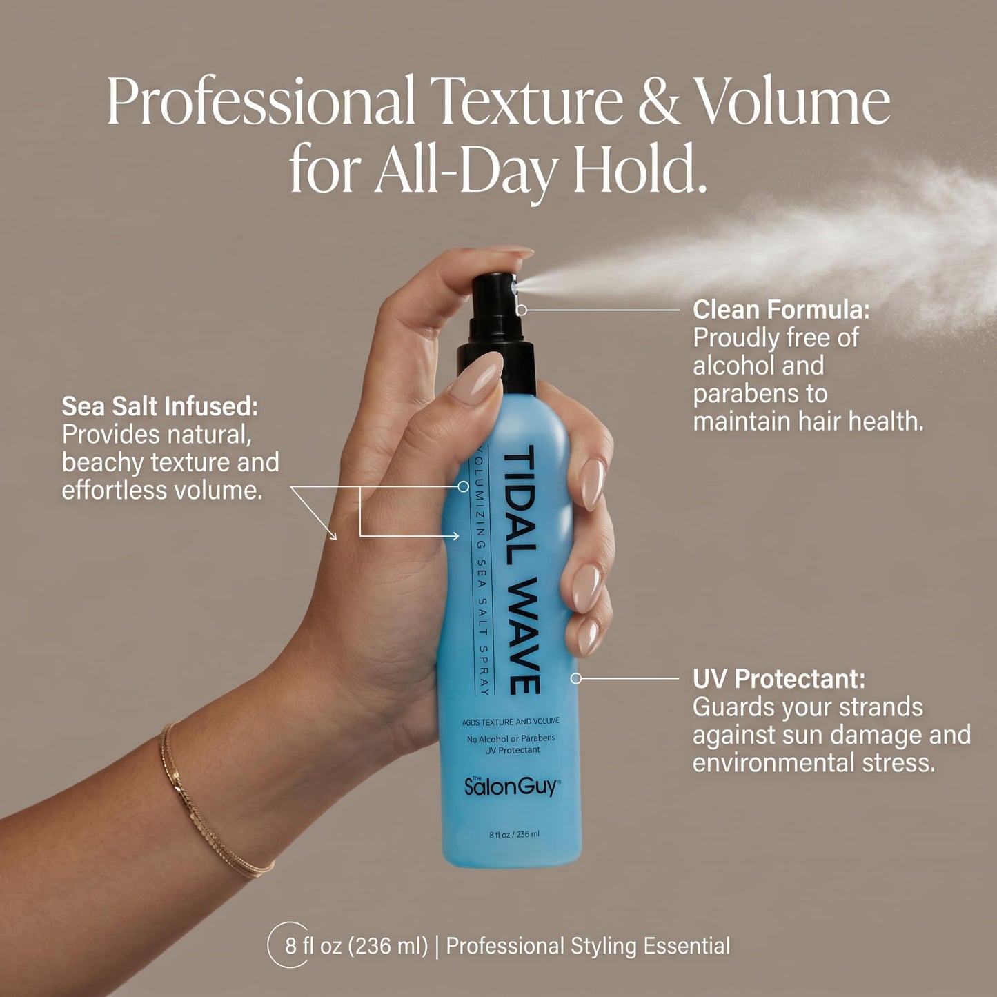 THESALONGUY Tidal Wave Sea Salt Spray for Hair – Volumizing & Texturizing Beach Wave Spray for Men & Women | Matte Finish, Light Hold, Alcohol-Free | All Hair Types | 8 oz