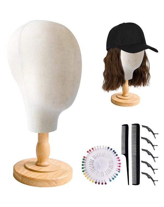 CHADWICK 21" Canvas Wig Head Stand with 7pc Alligator Clips & Pins Kit -Salon Mannequin Head for Wig Making, Hat Display, Styling Tools - Includes Detachable Wood Stand (002, 1PC+PJ)