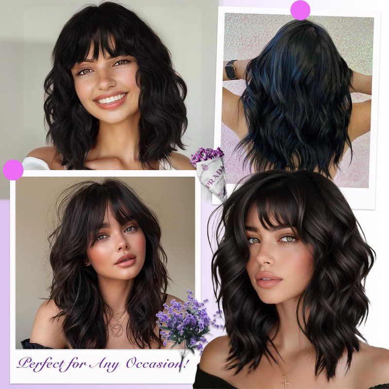 CURLCRAZY Short Wavy Wig with Bangs for Women Black Curly Wigs Natural Wavy Synthetic Wigs for Daily Party Cosplay 14inch