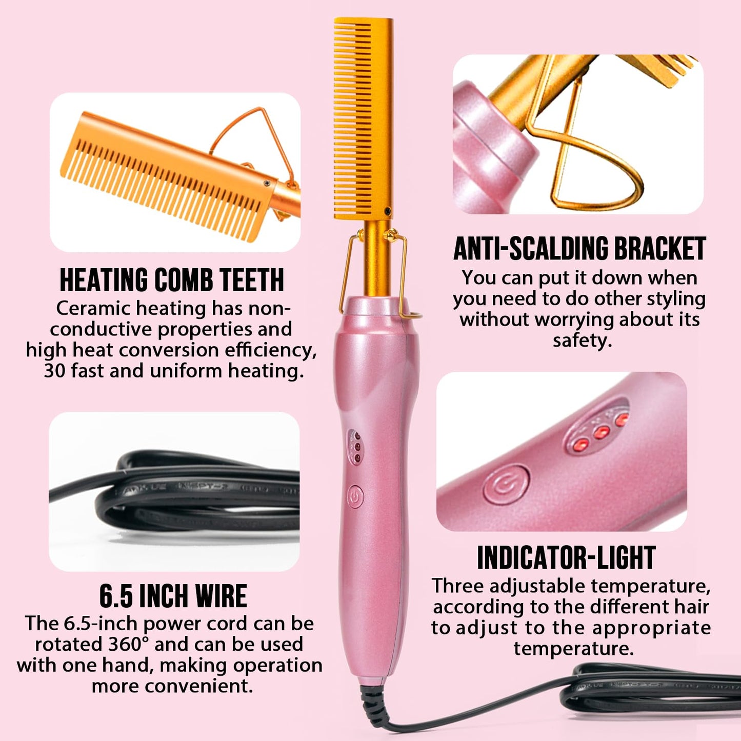 Electric Hot Comb Hair Straightener Heat Pressing Combs Ceramic Curling Flat Iron Curler, Hot Comb Electric for Wigs Electrical Straightening Comb Curling Iron for Natural Hair with Anti-Scald Case