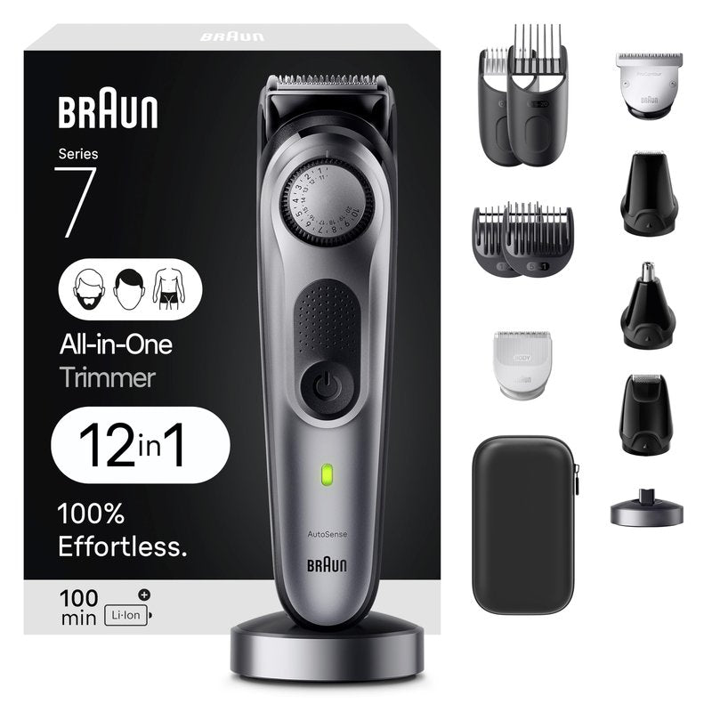 Braun All-in-One Men's Shaving Kit Series 7 7440, 12-in-1 Beard, Face, Nose, Ear Trimmer, Hair Clippers, Body Groomer and Manscaping + Travel Case + Charging Stand