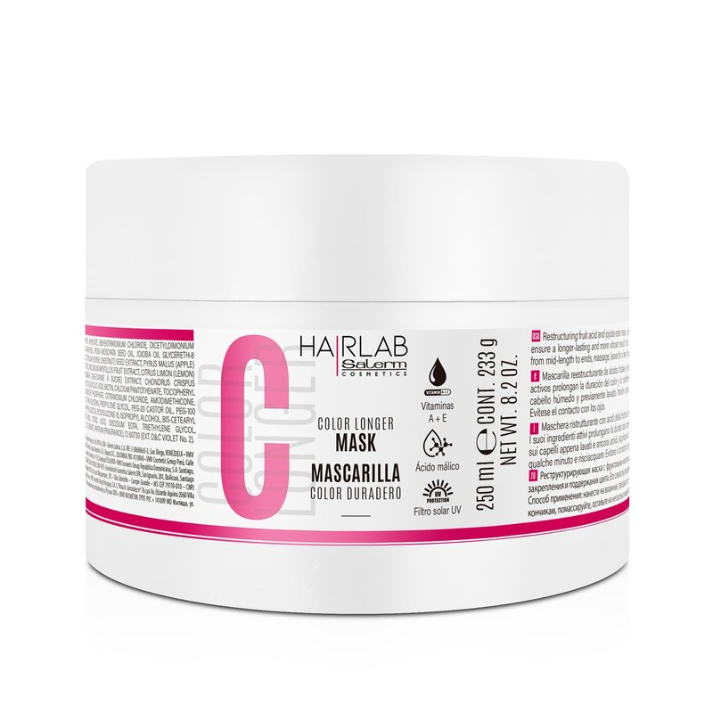 SALERM - Dyed, Bleached, or Gray Hair Mask - Color Longer Hair Lab - 250 ml - with Vitamins A and E - Seals and Maintains Color - Shinier Hair - Sulfate and Paraben-Free