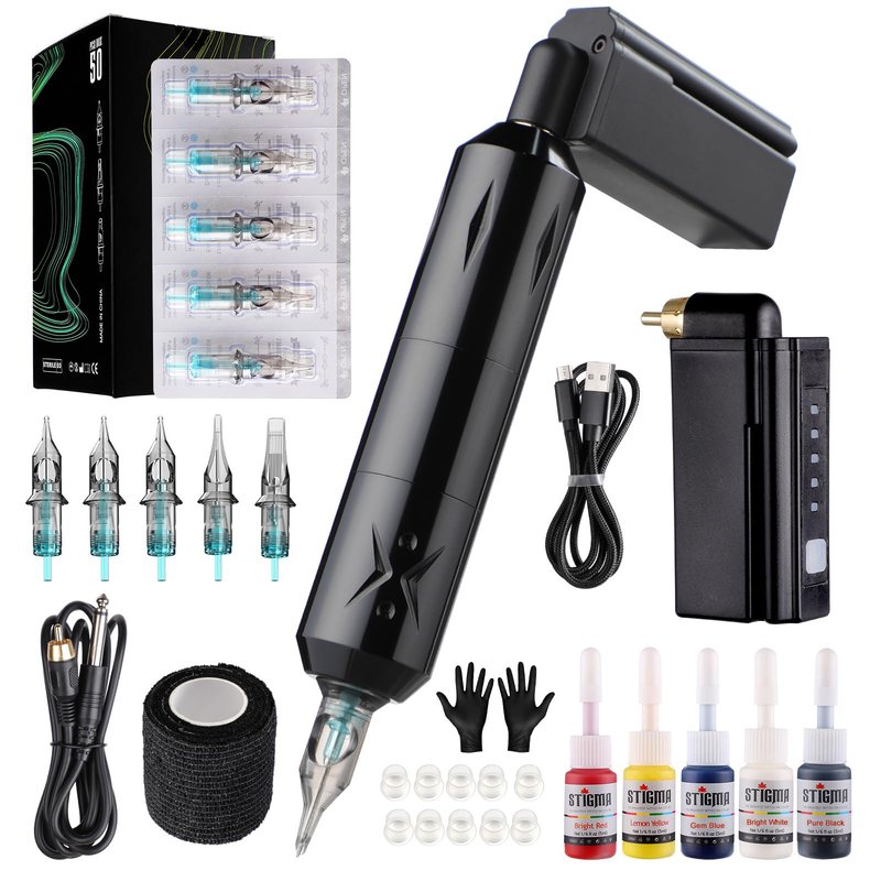 STIGMA Wireless Tattoo Gun Tattoo Kit Complete with 50pcs Tattoo Cartridge Needles 1500mAh Tattoo Battery 5 Colors Ink Set with Accessories STP29KITP199-1