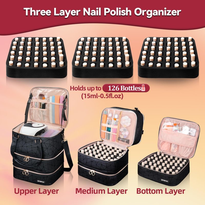 SIYNPAV Nail Polish Organizer Bag Holds 126 Bottles (15ml/0.5fl.oz)& Nail Lamp, 3 Layers Detachable Nail Kit Storage Case PU Leather, Large Travel Nail Supplies Shoulder Bag for Manicure Tools (Black)
