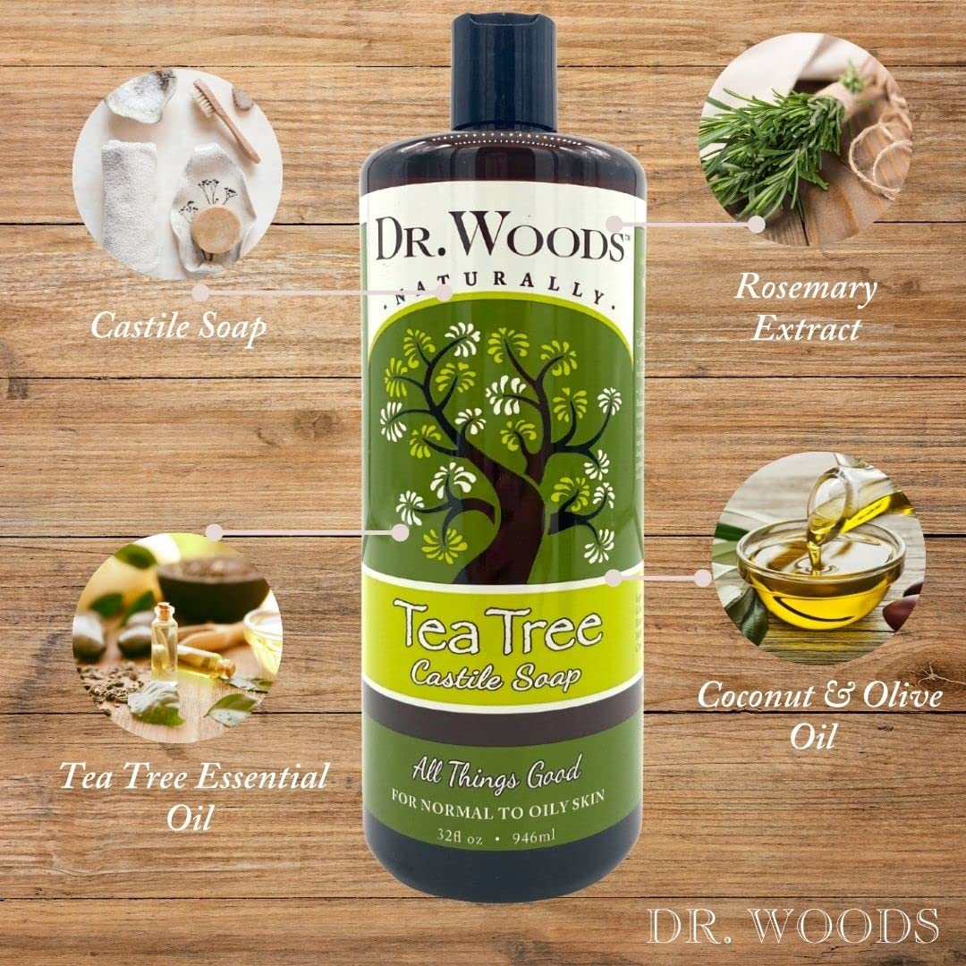 Dr. Woods Pure Tea Tree Liquid Castile Soap - Natural Castile Soap for Body, Hands, and Face with Vitamin E and Hemp Oil, for Men and Women - 32 Fl Oz, Pack of 3