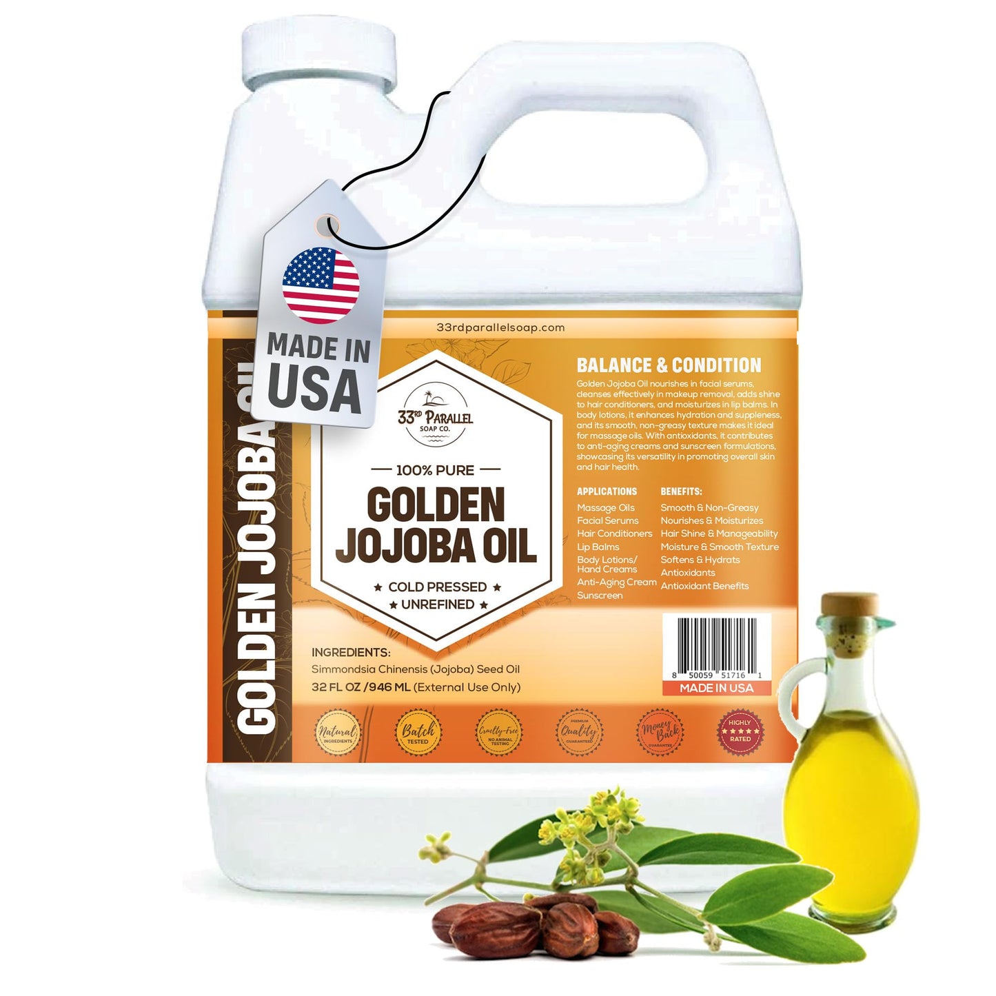 33rd PARALLEL | Golden Jojoba Oil (32 oz) Cold Pressed & Unrefined; Non-GMO; 100% Pure & Natural Hexane Free | Moisturizing Oil for Skin, Face, Hair & Nails | 32 FL OZ