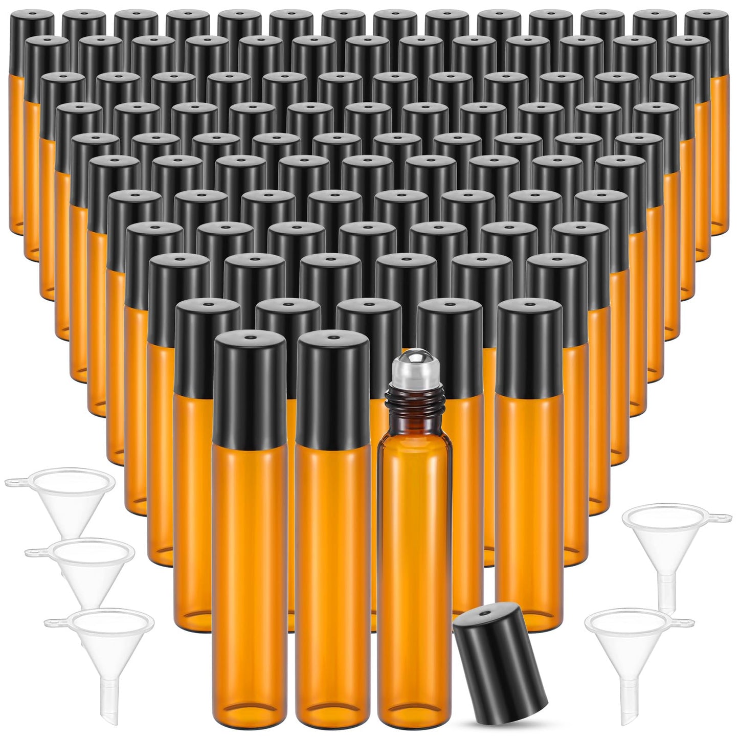 mekueeex 100 Pcs Essential Oil Roller Bottles 10ml Empty Glass Roller Bottles with Stainless Steel Balls Protection Leakproof with 5 Funnel for Travel Perfume Lip Gloss (Brown)