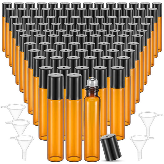 mekueeex 100 Pcs Essential Oil Roller Bottles 10ml Empty Glass Roller Bottles with Stainless Steel Balls Protection Leakproof with 5 Funnel for Travel Perfume Lip Gloss (Brown)