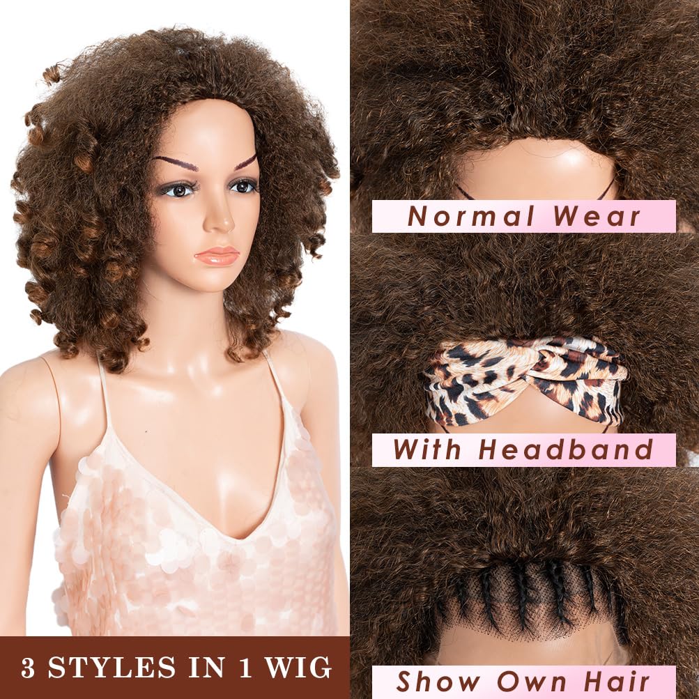 3-in-1 Magic Drawstring Half Wig - 14" Short Afro-Textured Synthetic Hair | Dark Brown, No Glue, No Sew, Ponytail & Bun Styler