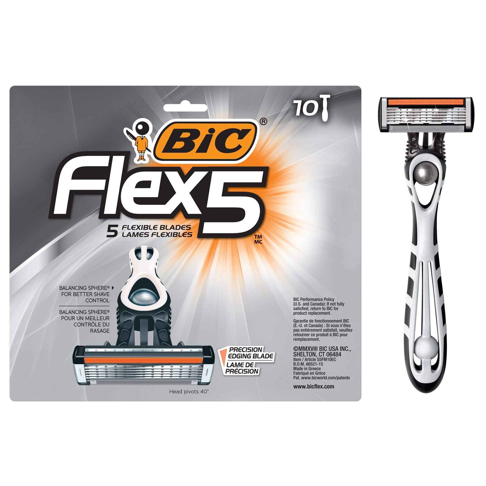 BIC Flex 5 Men's Disposable with 5 Blade Razors, Razors for Men With Pivoting Head and Anti-Slip Grip, 10-Pack