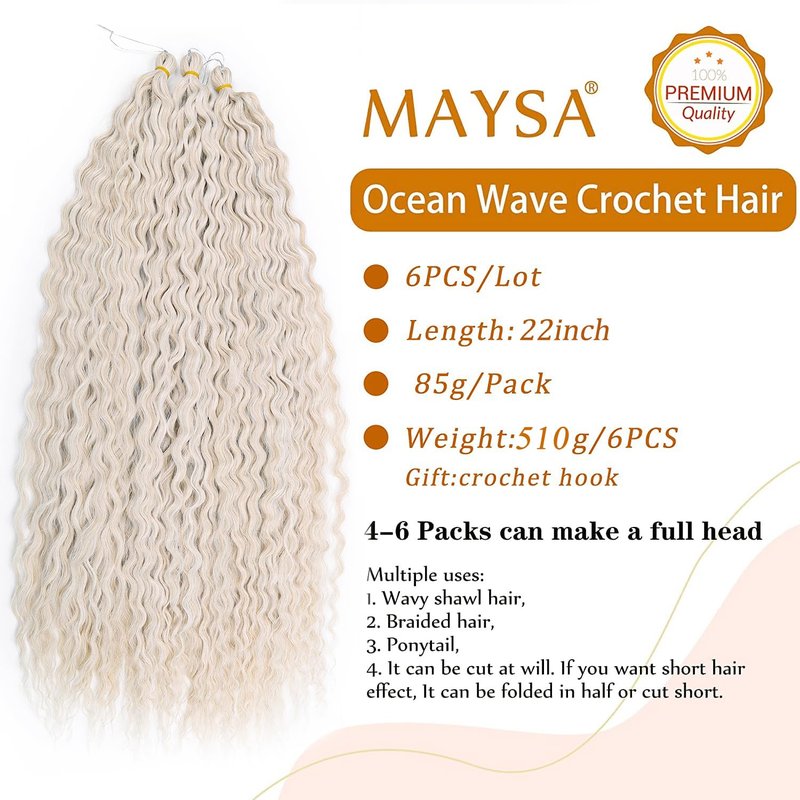 MAYSA Ocean Wave Crochet Hair 22inch Curly Braiding Synthetic Deep Wavy Crochet Hair Extensions 6packs #56C Platinum Blonde
