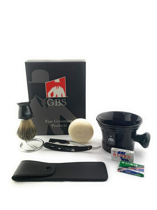 G.B.S Men’s Shaving Set, Black Shavette Barber Replaceable Blade Razor, Shaving Brush with Stand, Ceramic Shaving Mug, Natural Shaving Soap and Leather Case