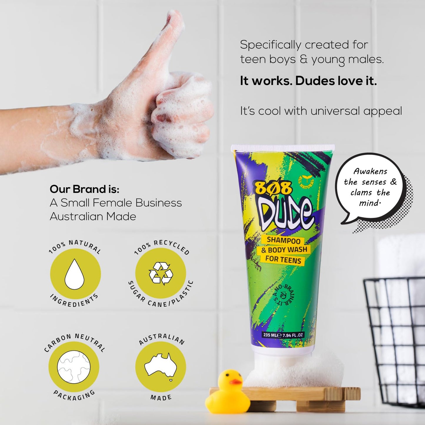 808 Dude Shampoo and Body Wash for Teens, Boys, and Men | Pure Natural & Organic Ingredients | Clear Body Odor and Skin Breakouts with Essential Oils, 8 fl oz.