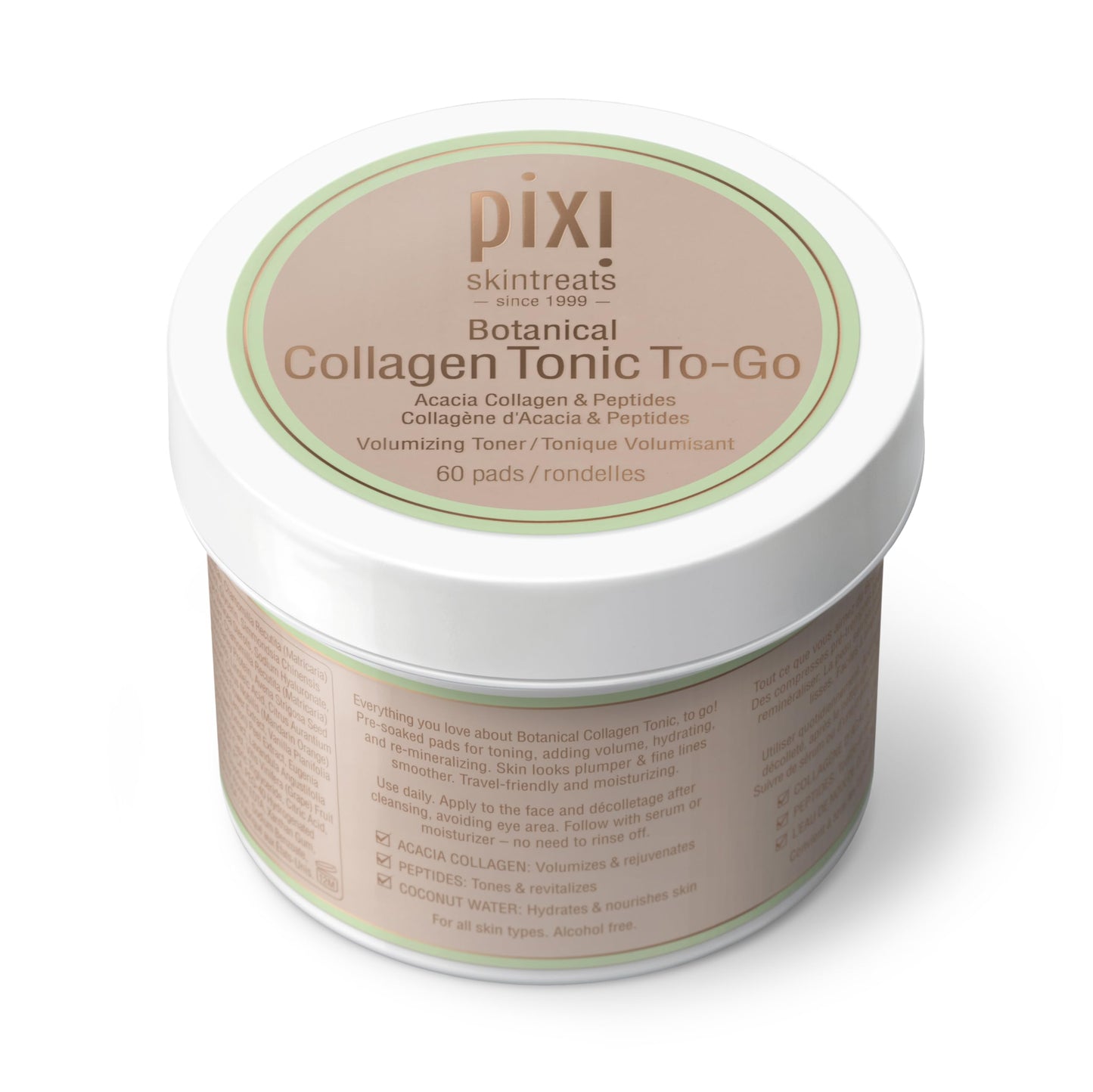 Pixi Botanical Collagen Tonic to-Go,Volumizing & Hydrating Toning Pads, Enhanced with Peptides & Botanicals to Firm & Revitalize, Alcohol-Free Daily Moisturizing Toner On The Go, 60 Pads