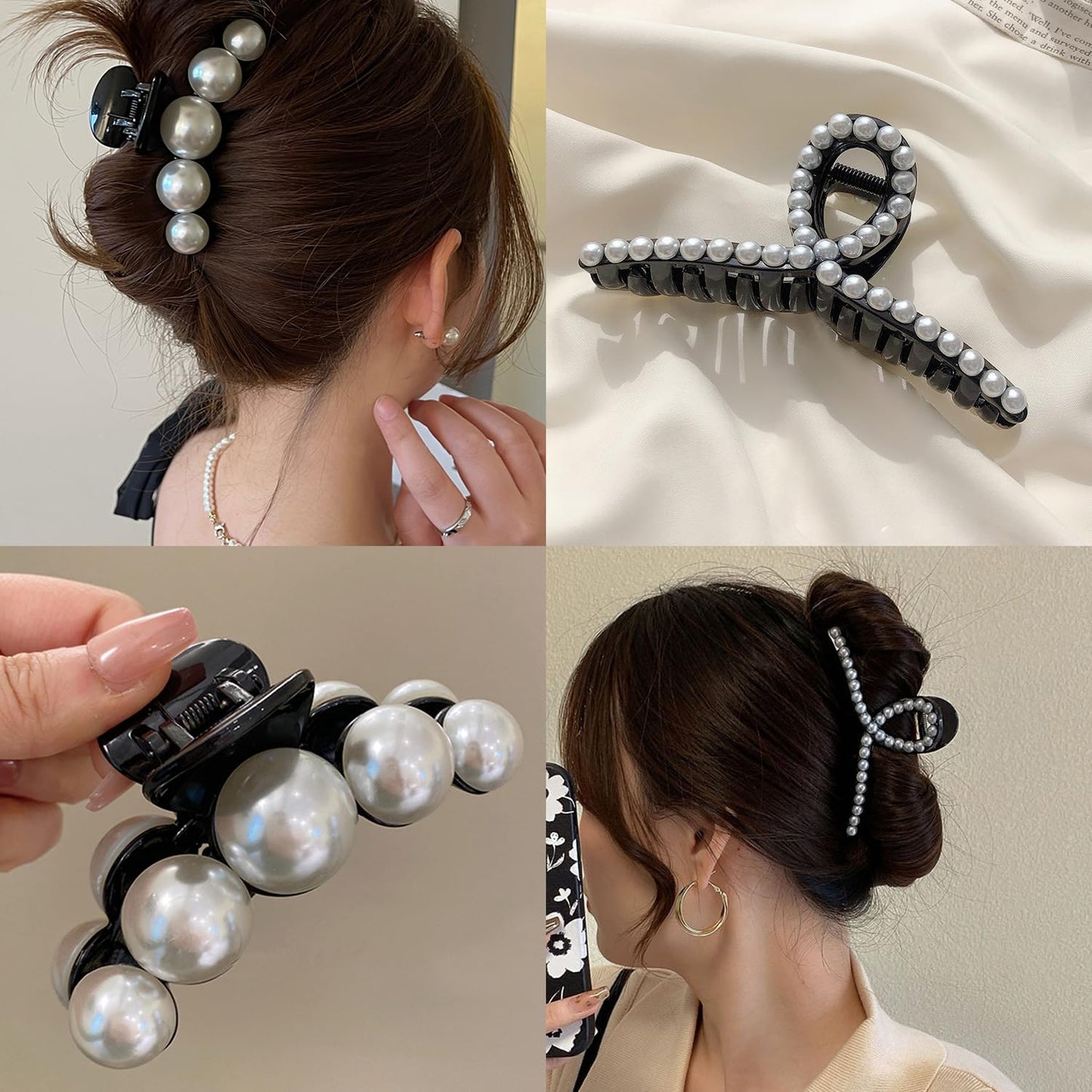 Mehayi 4 PCS Large Pearl Hair Claw Clips for Women Girls, Hair Barrette Clamps for Thick Thin Hair, Fashion Hair Accessories Headwear Styling Tools for Party Wedding