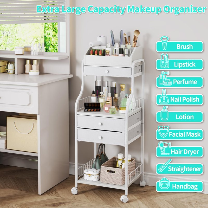 HapiRm Makeup Organizer Countertop with Drawer - Large Capacity Vanity Organizer with Dividers, Bathroom and Bedroom Desk Cosmetic Display Case for Storage Skincare, Makeup Brush, Dresser, Perfume