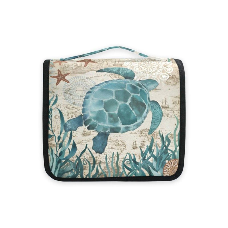 Hanging Travel Toiletry Bag Kit Makeup Case Cosmetics Organizer for Men Women (Sea Lives Turtle Coral)