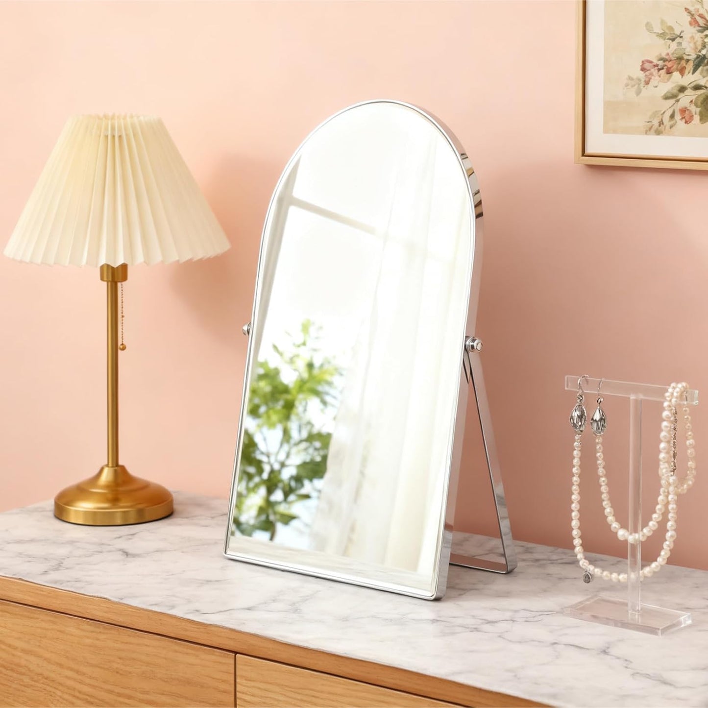 Adjustable Silver Metal Mirror - Vanity Table Desk Arch Makeup Mirror | 90° Rotatable Framed Design for Living Room, Bedroom, Bathroom