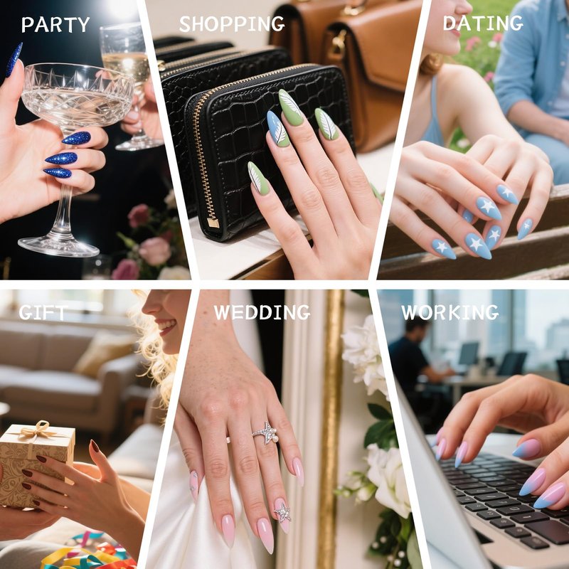 Vanpaga Handmade Square Coffin Press on Nails – Ocean Ombre Blue Bronze Nails with 3D Carved Flower & Gold Foil, Reusable Glossy Stick on Fake Nails, 10pcs Acrylic Nail Set with Tool Kit (Size L)