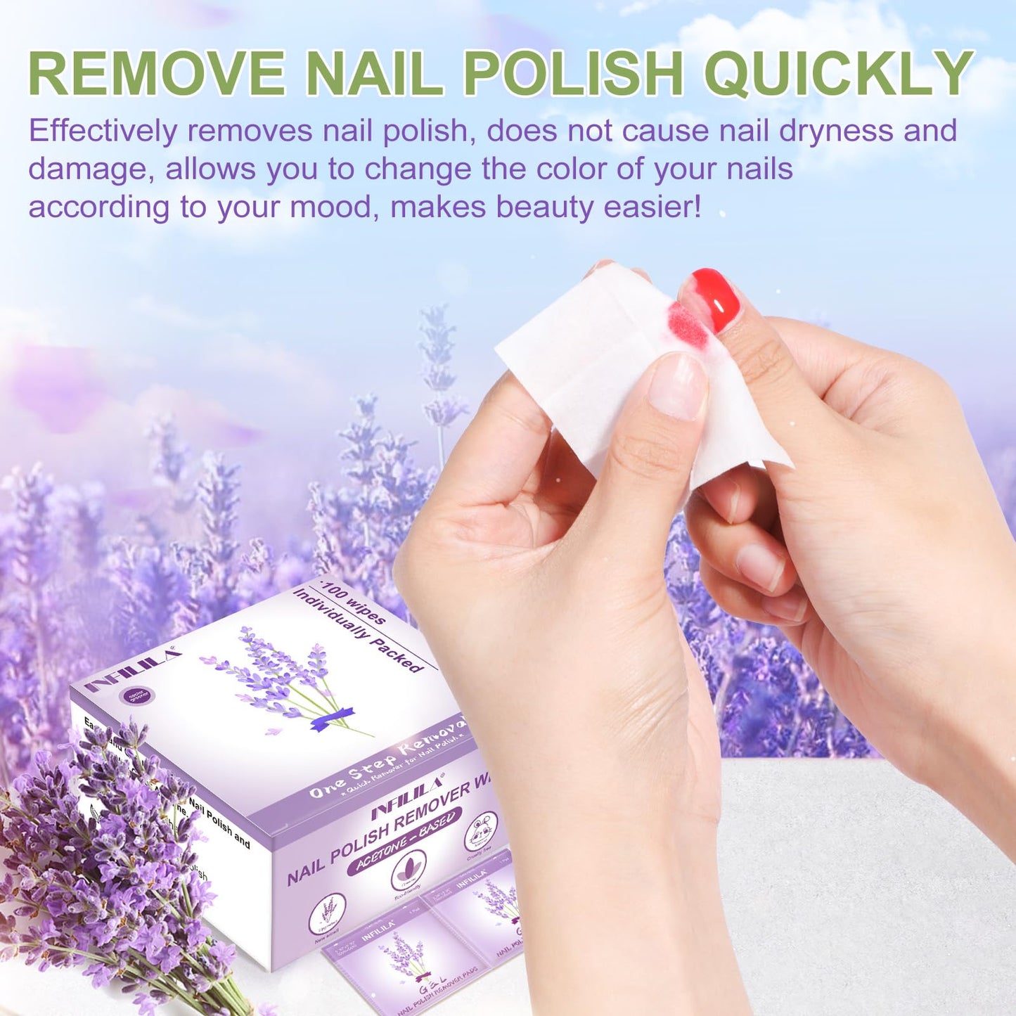 NXJ INFILILA Nail Polish Remover Pads, 100PCS Lavender Nail Polish Remover Wipes for Gel & Regular Polish, Individually Wrapped, Travel-Size, Professional Quick Removal for Home & On-the-Go Use