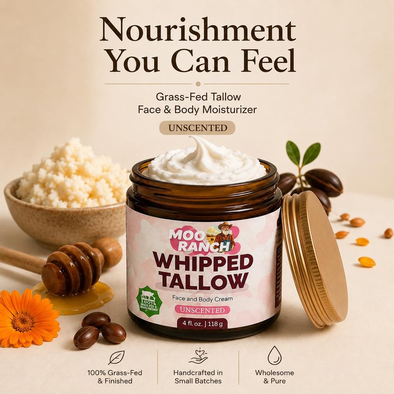 Moo Ranch Whipped Beef Tallow for Skin – Grass-Fed Tallow Balm Moisturizer with Jojoba Oil, Manuka Honey & Calendula – For Face, Lips, Hands & Body – For Dry or Sensitive Skin.