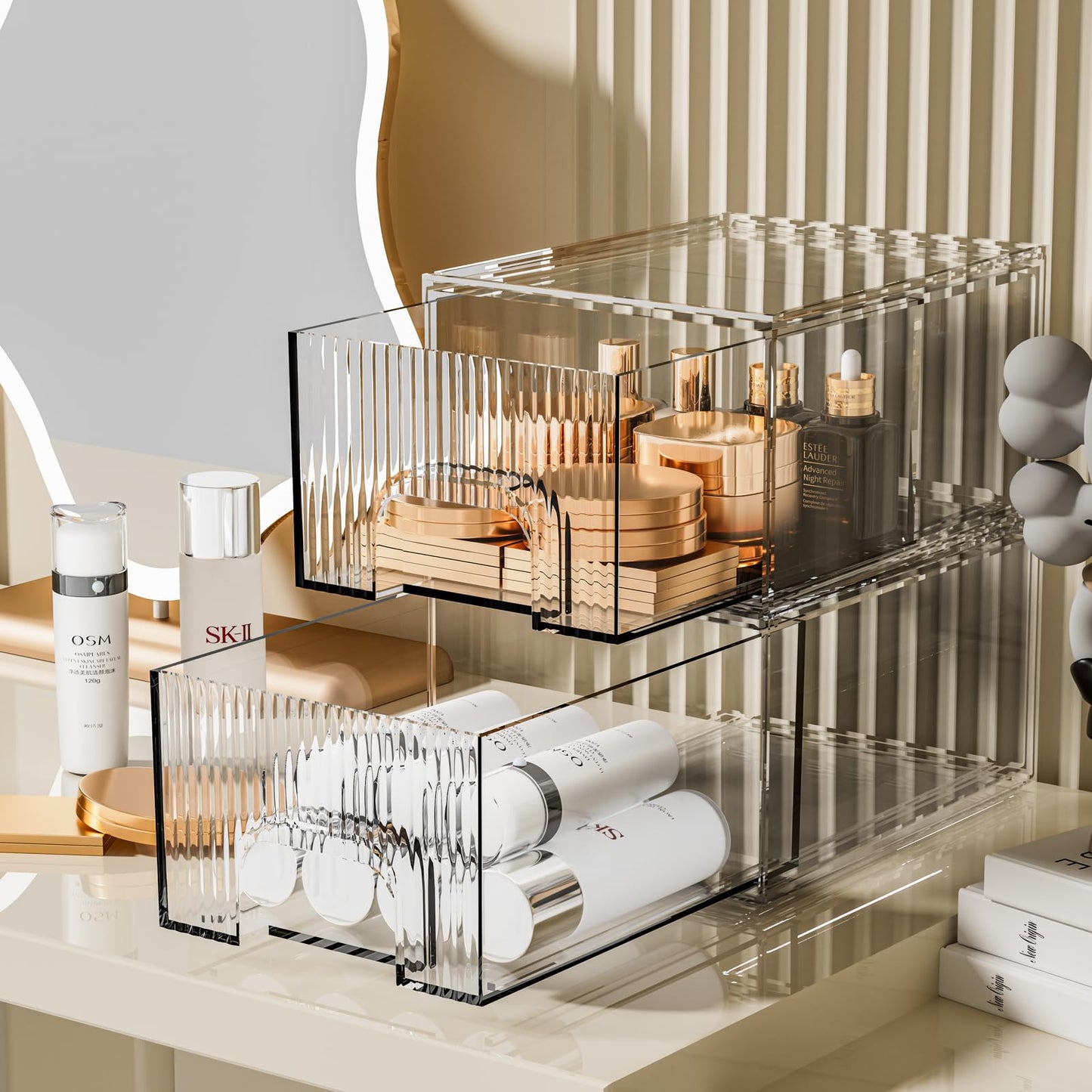 ZHIAI Stackable Storage Drawer, 4 Piece Acrylic Organiser for Cosmetics and Beauty Products, Suitable for Dressers, Bathrooms, Cabinets, Storage Rooms, Bedrooms and Home Organisers