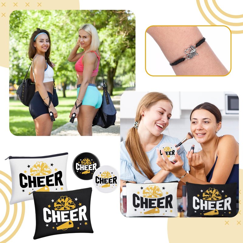 Sunnymove 60 Pcs Cheerleader Gifts Bulk Cheer Team Gifts for Women with Cheerleader Cosmetic Bags Makeup Mirror Bracelets Lipstick Holder Keychains Lanyard Cheer Team Party Favors(Black Gold)