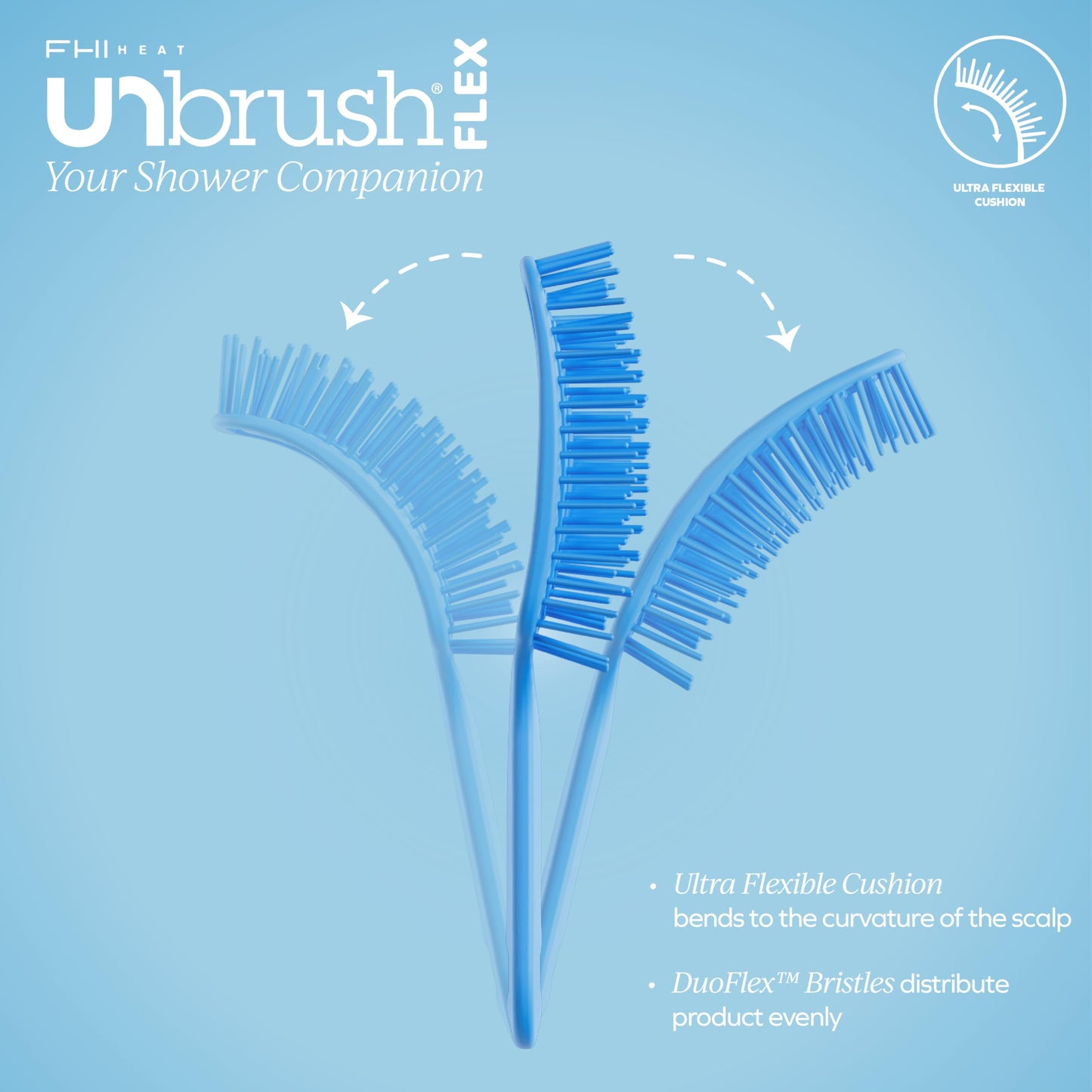 FHI Heat UNbrush Flex Detangling Brush — Ultra-Flexible, Pain-Free Hair Brush Detangler with DuoFlex Anti-Static Bristles for Removing Tangles, Massaging Scalp & Faster Styling - Blue