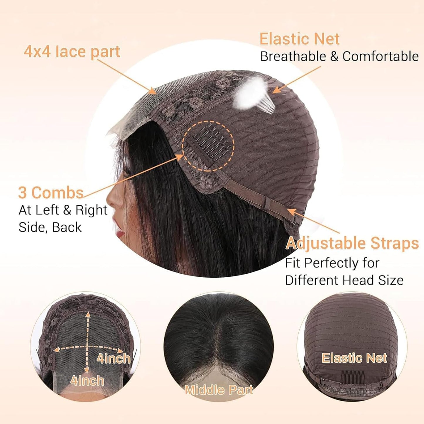 Selina Hair Straight Bob Wigs Human Hair 4x4 Lace Front Wigs Human Hair with Baby Hair 200% Density Brazilian Virgin Hair Natural Black Color 10 Inch