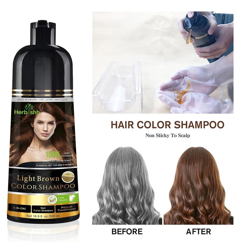 Herbishh Color Shampoo for Gray Hair Coverage (Light Brown) –Hair Dye 3-in-1 Shampoo- Colors in Minutes – Lasts Up To 2-3 Weeks – 500 mL – Ideal for Men & Women