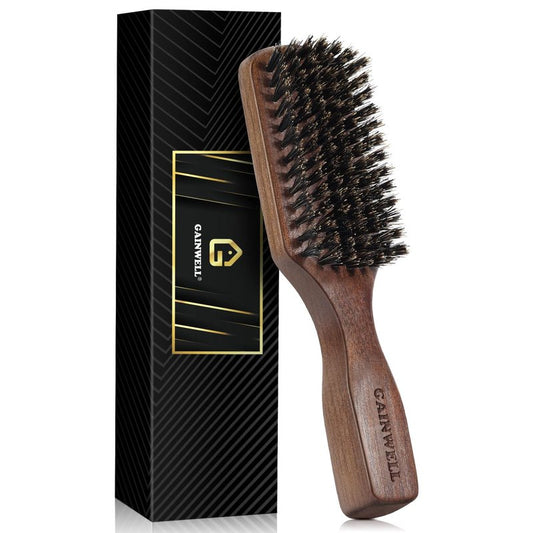GAINWELL Wild Boar Bristle Hair Brush for Men, Slick Back Hair Brush with Stiff Boar Bristles for Thick Hair, Natural Black Walnut Wooden Handle Hairbrush, Beard Mustache Brush - Large