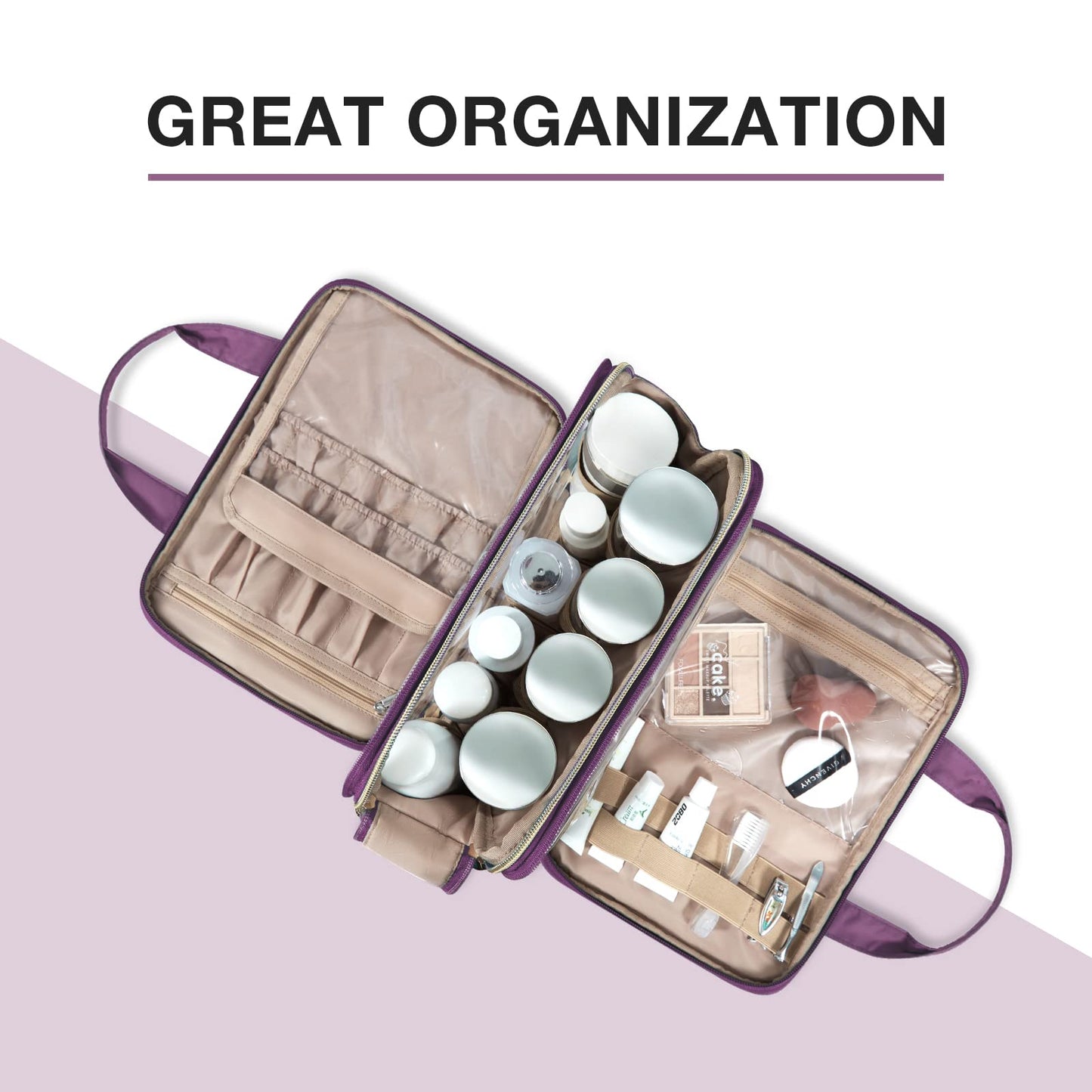 BAGSMART Large Toiletry Bag, Travel Makeup Organizer Water-resistant Makeup Cosmetic Bag Travel Bag for Accessories, Shampoo, Full Sized Container, Toiletries (Purple, Large)