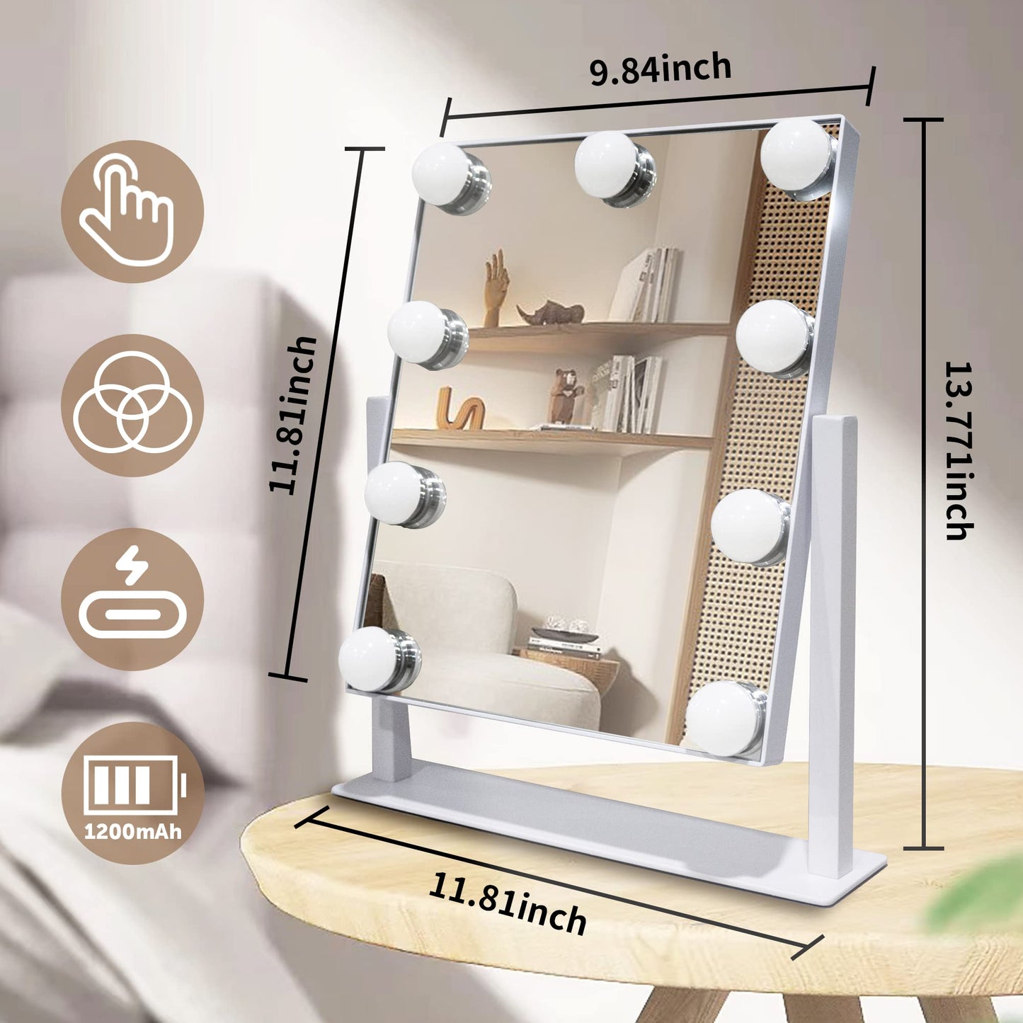 SLIMOON Makeup Vanity Mirror with LED Lights Makeup Mirror Detachable 10X Magnification, Hollywood Make Up Mirror with Lighting, Smart Touch, Rechargeable,360° Rotation, White 13.77"x 11.81"