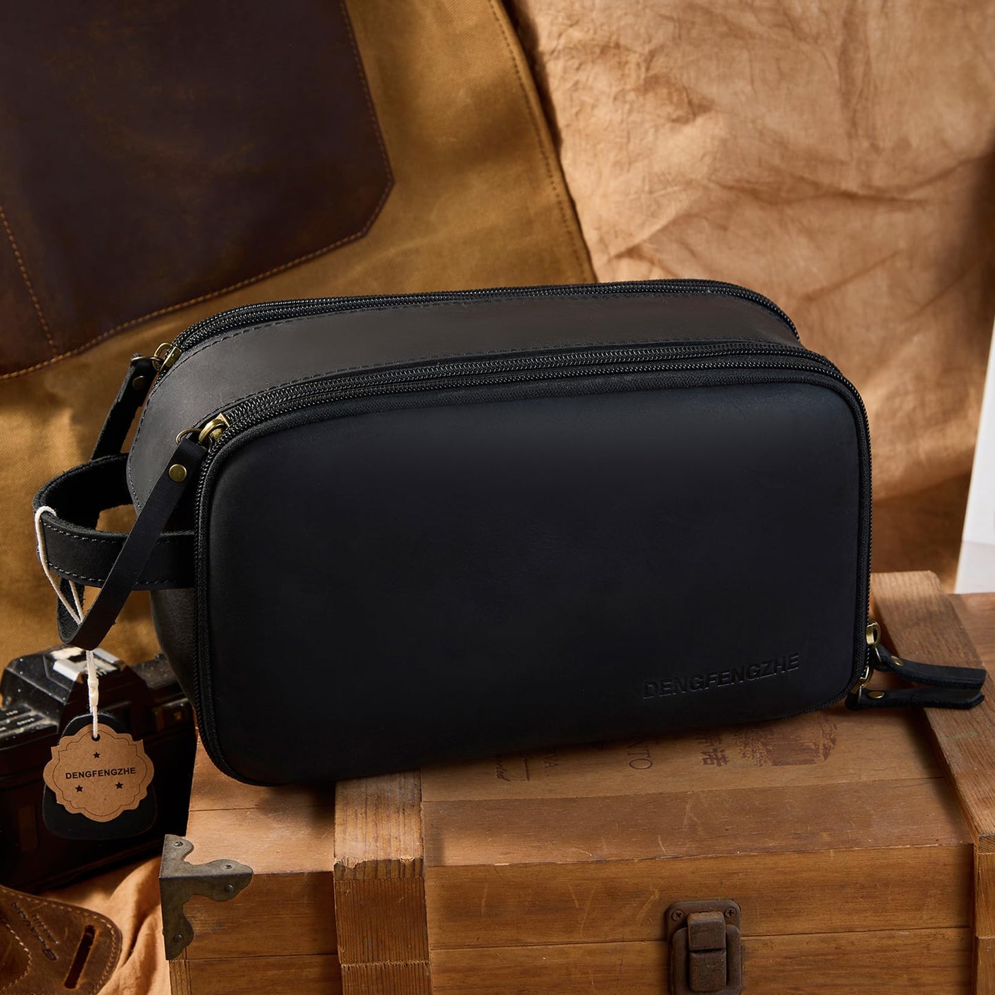 DENGFENGZHE Toiletry Bag for Men, Full Grain Leather Travel Pouch Shaving Dopp Kit Bathroom Toiletries Organizer Bags, Black