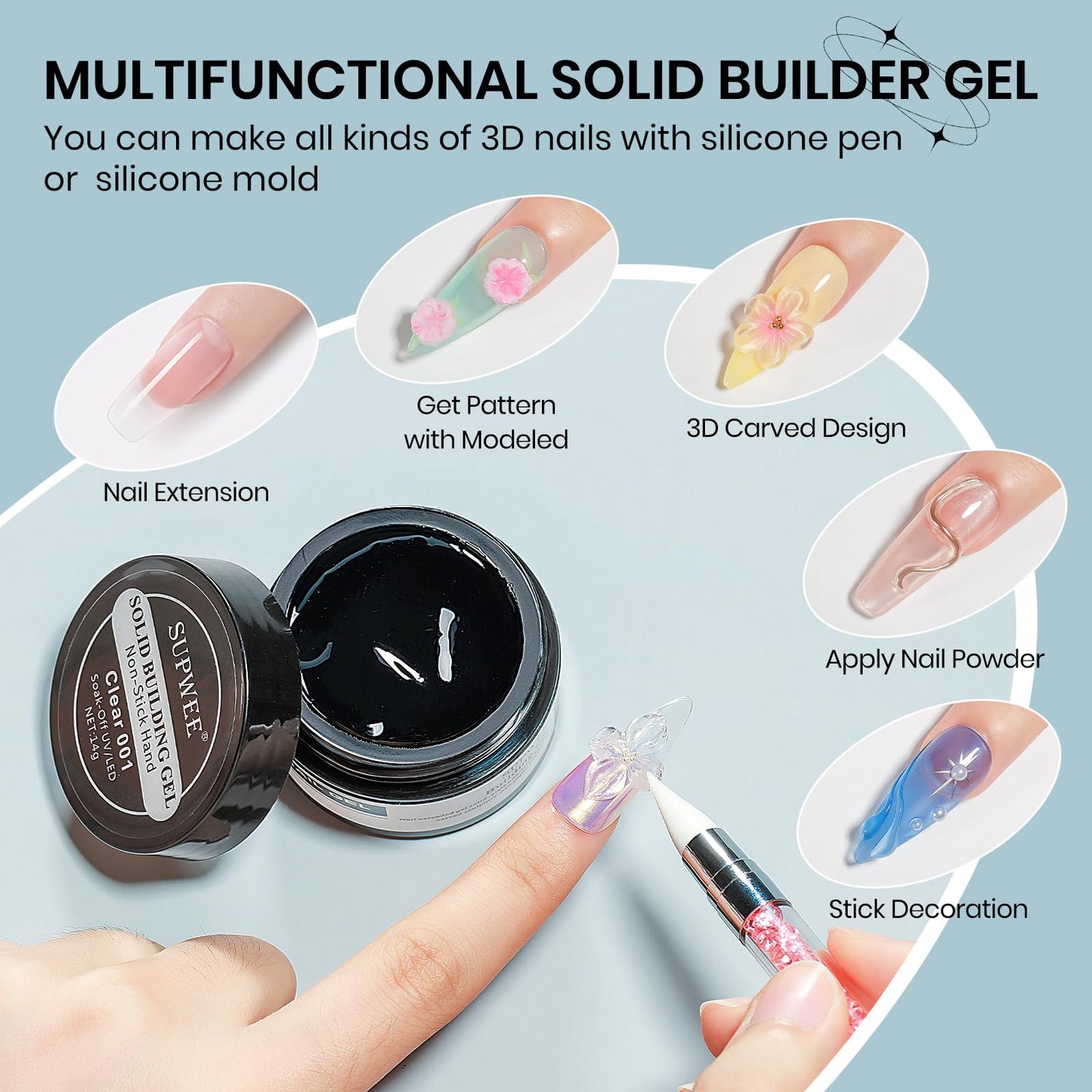 SUPWEE Clear 3d Nail Gel Sculpting Gel, Non Stick Hand Moding Gels for Nails with 3D Silicone Nail Art Molds Solid Builder Sculpture Hard Gels for Extend Home DIY Manicure