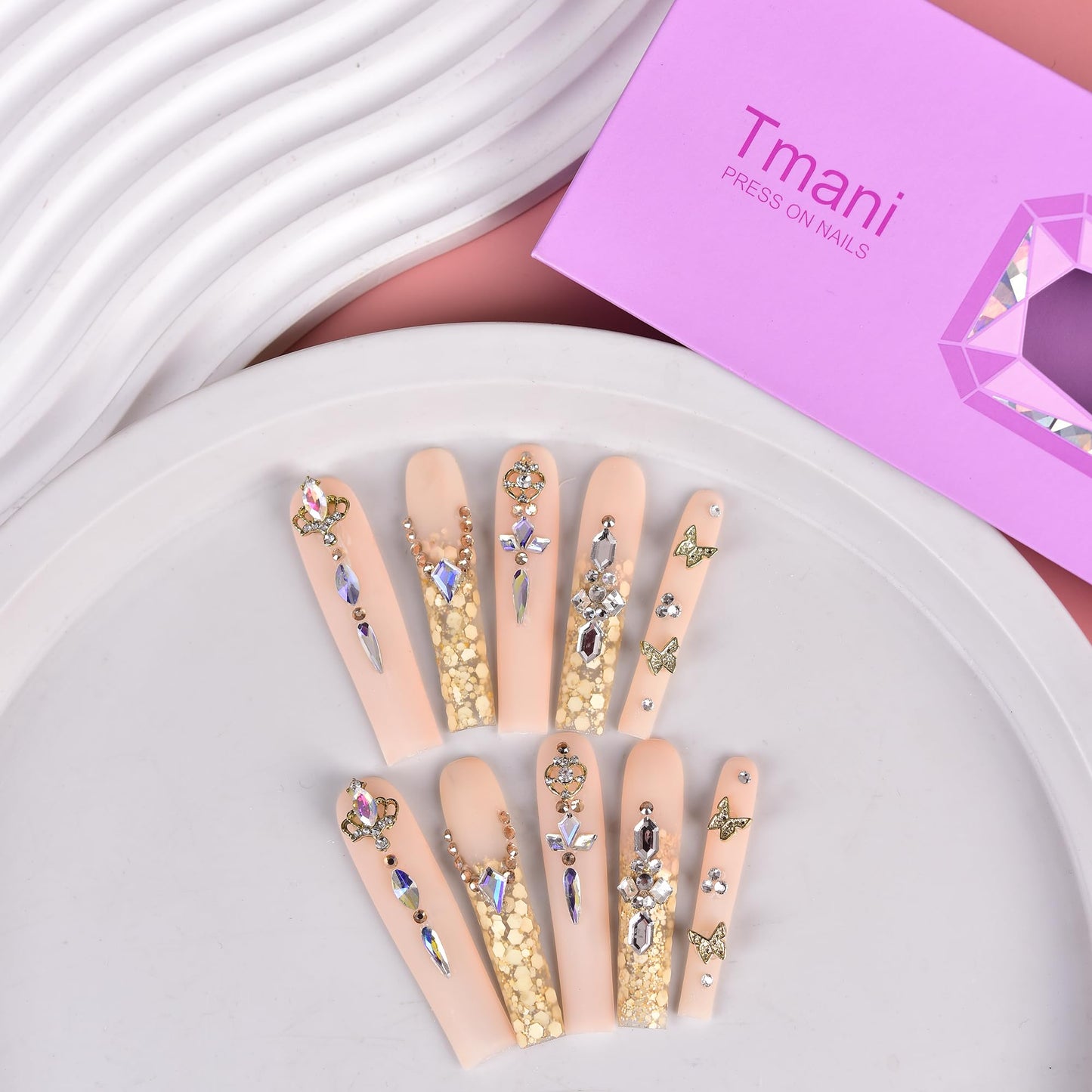 Tmani 10pc/set Extra Long Handmade Press On Nail Hot Girl's Long Ballet Square Nail Full of Diamond Glitter Decoration Fake Nails Suitable For Girls Festival Parties and Birthday Gift（171,Size-S)
