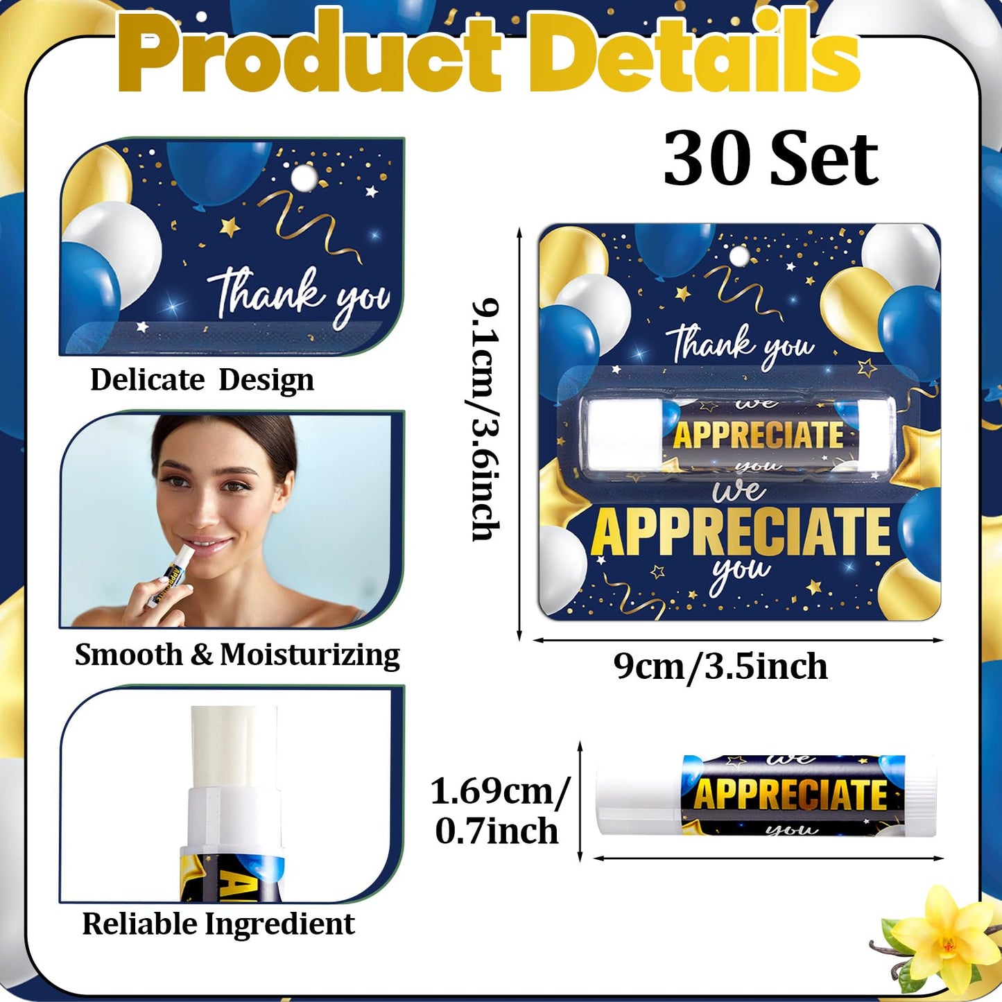 30 Pack Thank You Lip Balm Gifts Bulk, Blue Gold Graduation Lip Balm Gift, Appreciation Party Favor for Teacher Classmate Coworker Employee We Appreciate You Retirement Party Supplies