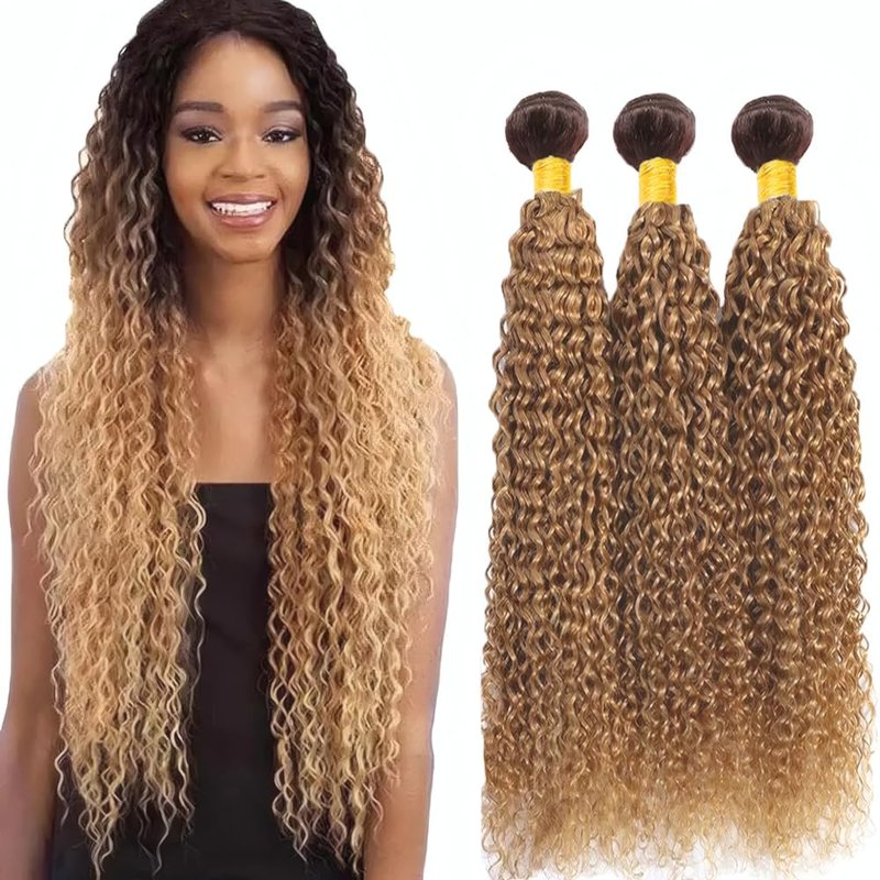 Honey Blonde Kinky Curly Hair Bundles - 3 Pack Brazilian Virgin Hair Weave | Ombre Dark Brown, 10-12-14 Inch