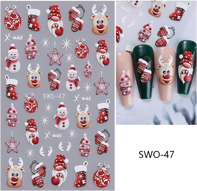 5D Embossed Christmas Nail Art Stickers - Gingerbread, Elk & Santa Designs | 8 Sheets for Holiday DIY Manicure