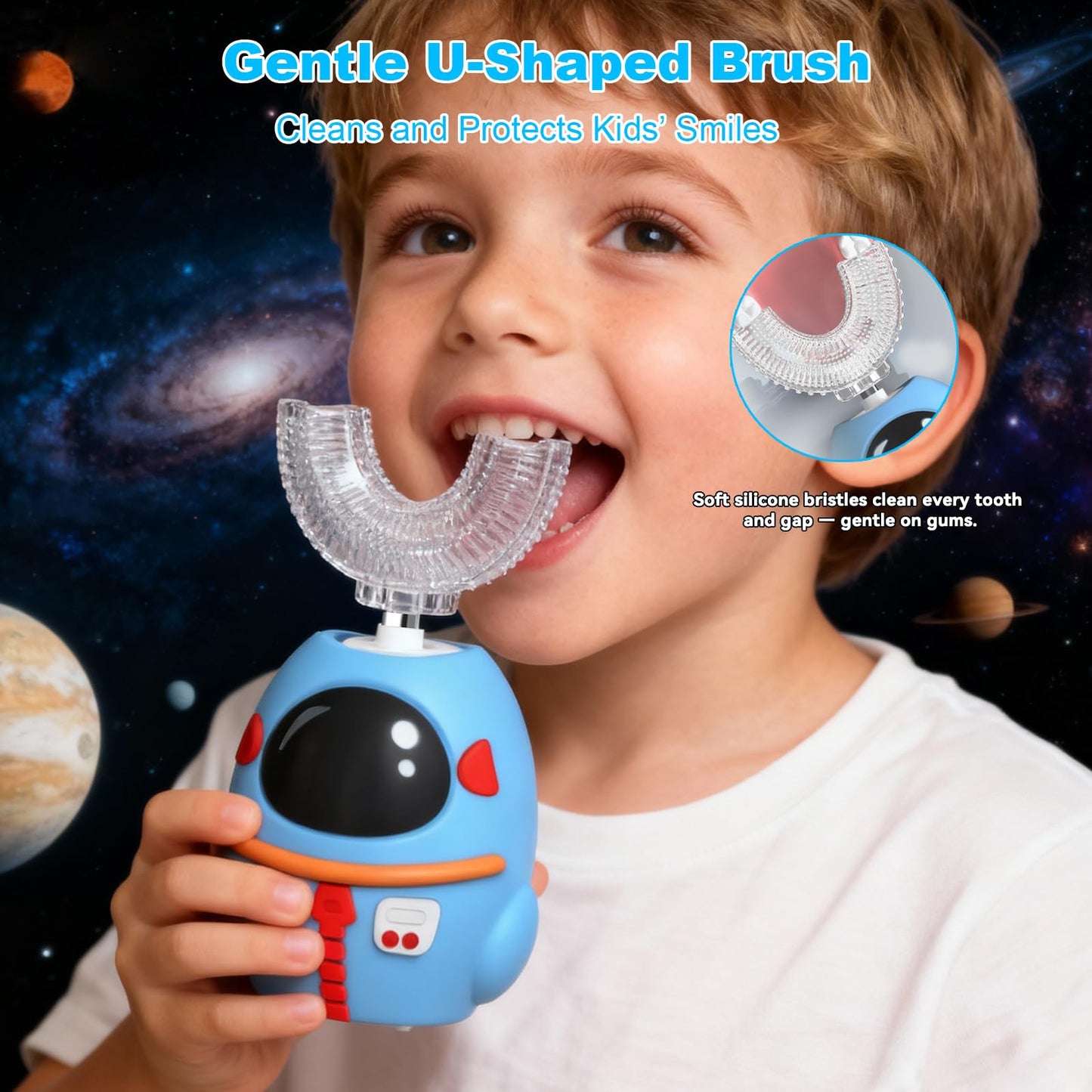 FTOYIN Kids Electric Toothbrush with 3 Brush Heads, U Shaped Ultrasonic Toothbrush Kids with 5 Modes, 45s Smart Reminder, 360-Degree Automatic Cleaning, IPX7 Waterproof Design