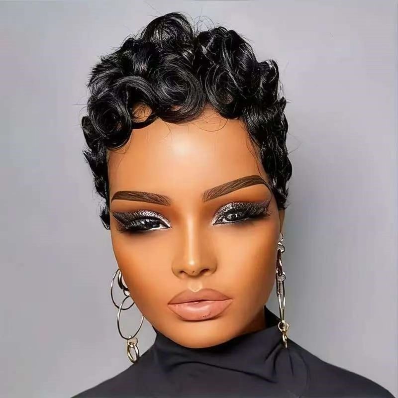 Nigteye Pixie Cut Wigs for Black Women Short Layered Pixie Human Hair Wigs With Bangs Natural Black Color Glueless Short Curly Human Hair Wig Full Machine Made