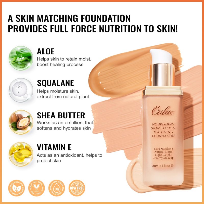 Oulac Foundation Make Up, Skincare Infused With Aloe Leaf And Vitamin E, Medium to High Coverage Liquid Foundation, Foundation Vegan 30ml, Shade：Nude 05