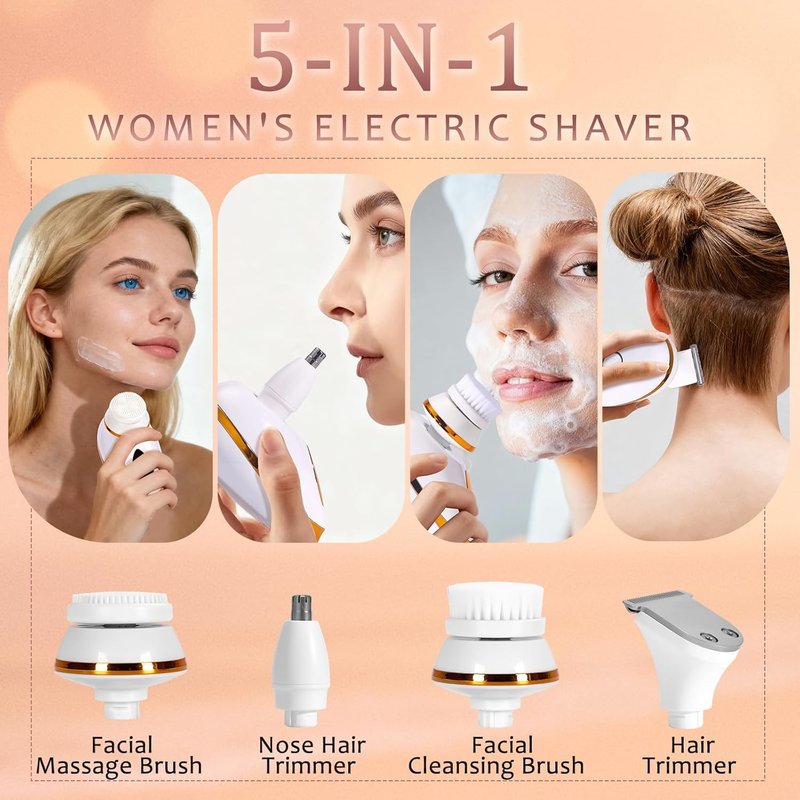 5-in-1 Electric Razor for Women - Waterproof Facial Hair Remover & Shaver | Rechargeable Travel Kit for Sensitive Skin