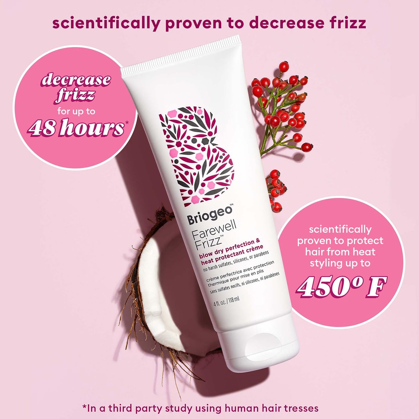 Briogeo Farewell Frizz Blow Dry Perfection & Heat Protectant Crème | Silicone-Free Styling Cream for Frizz Control, Smoothness & Shine | Protects Up to 450°F | Vegan & Cruelty-Free | 2 oz