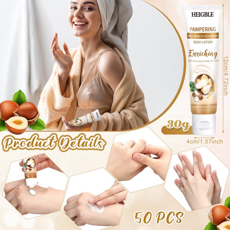 Heigble 50 Pack Travel Size Body Lotion 1 oz Body Lotion Dry Skin Moisturizer with Flip Cap for Extra Dry Skin, Hotels, Airlines, Offices, Gyms(Butter and Cocoa Butter)