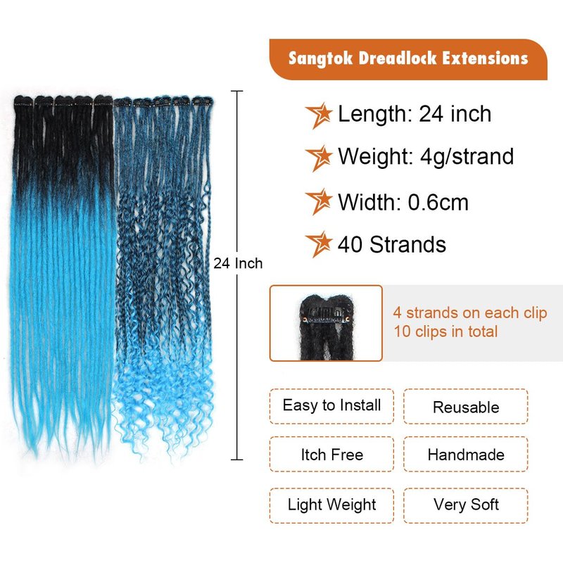 Clip-In Dreadlock Extensions - 24 Inch Synthetic Dreads for Women | 10 PCS Mixed Colors, Thin Straight 1B-Blue