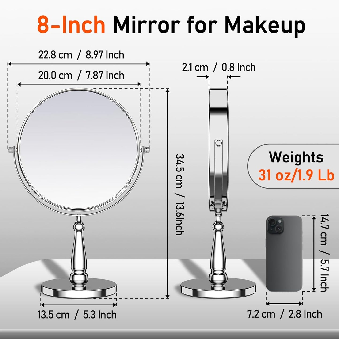 30X Magnifying Makeup Mirror - Metal Vanity Tabletop Mirror with Stand | 8 Inch for Home & Office