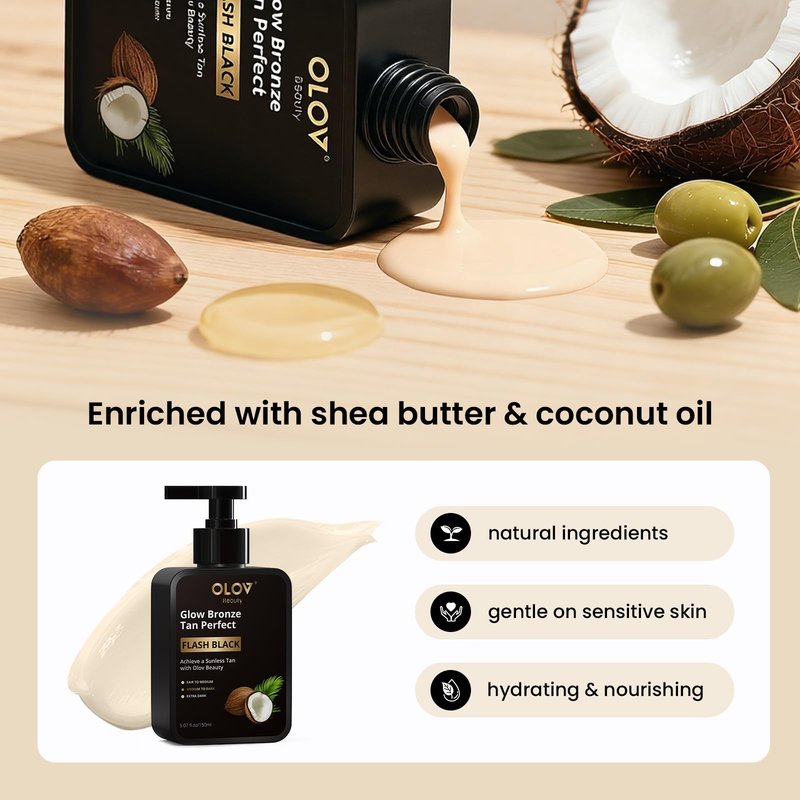 OLOV BEAUTY Self Tanning Lotion -Self Tanner with Shea Butter and Coconut Oil Natural Ingredients for Sensitive Skin Sunless&Moisturising Customisable Medium Dark Fake Tan (5.07 fl oz)