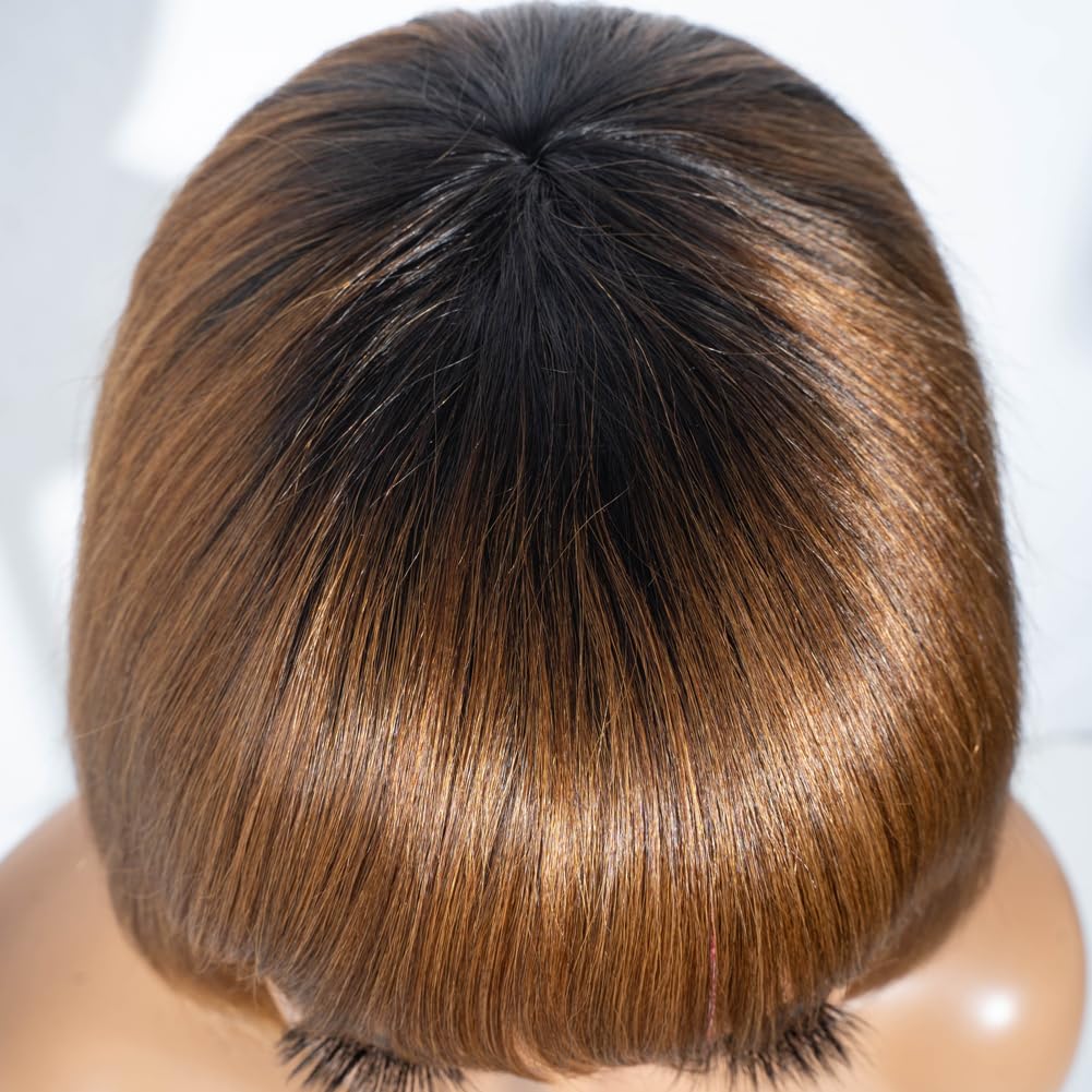 Spotlight 8 Inch Straight Bob Wig with Bangs Human Hair 180% Density Short Bob Human Hair Wigs with Bangs None Lace Front Wigs Brazilian Straight Hair Wig for Black Women (Ombre Brown, TT1B/30 Color)