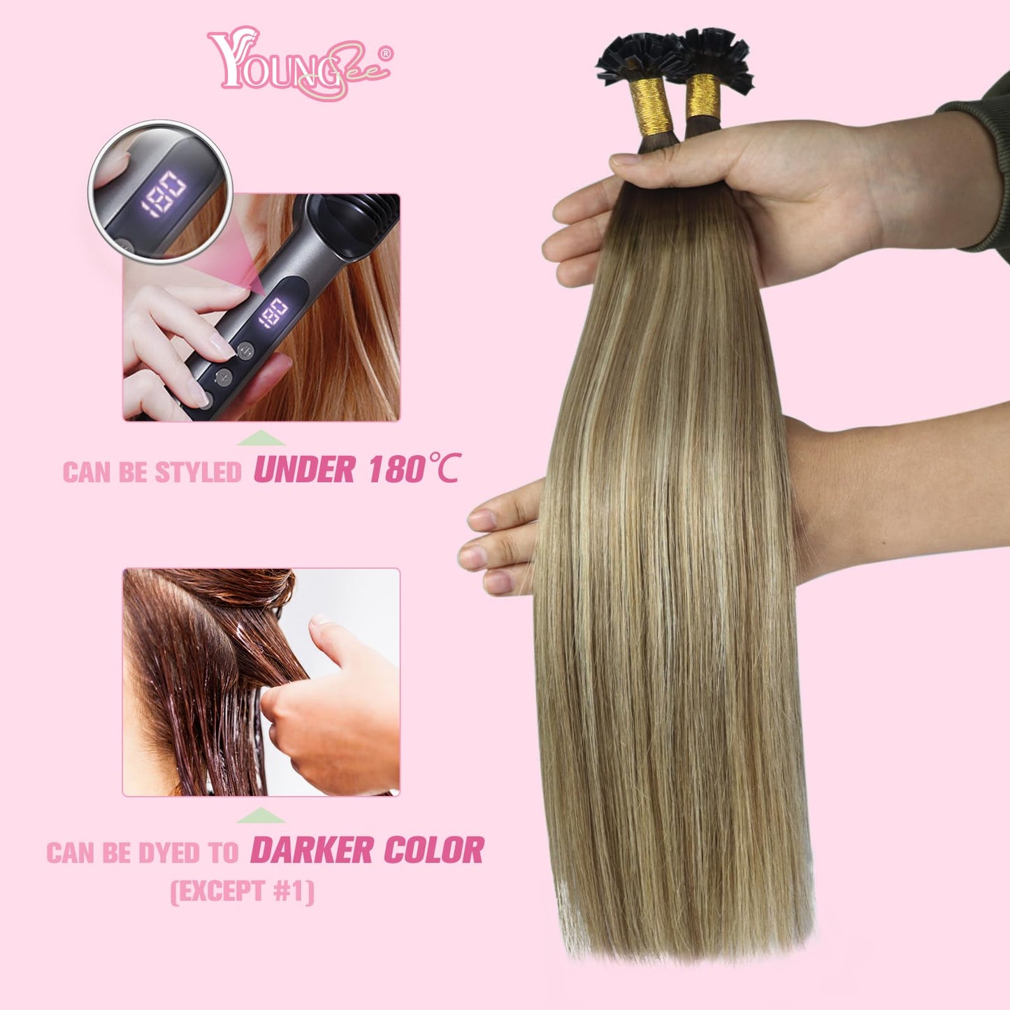 YoungSee Ktip Hair Extensions Human Hair Balayage K Tip Extensions Dark Brown Ombre Brown with Blonde 14 Inch Soft 50s/50g